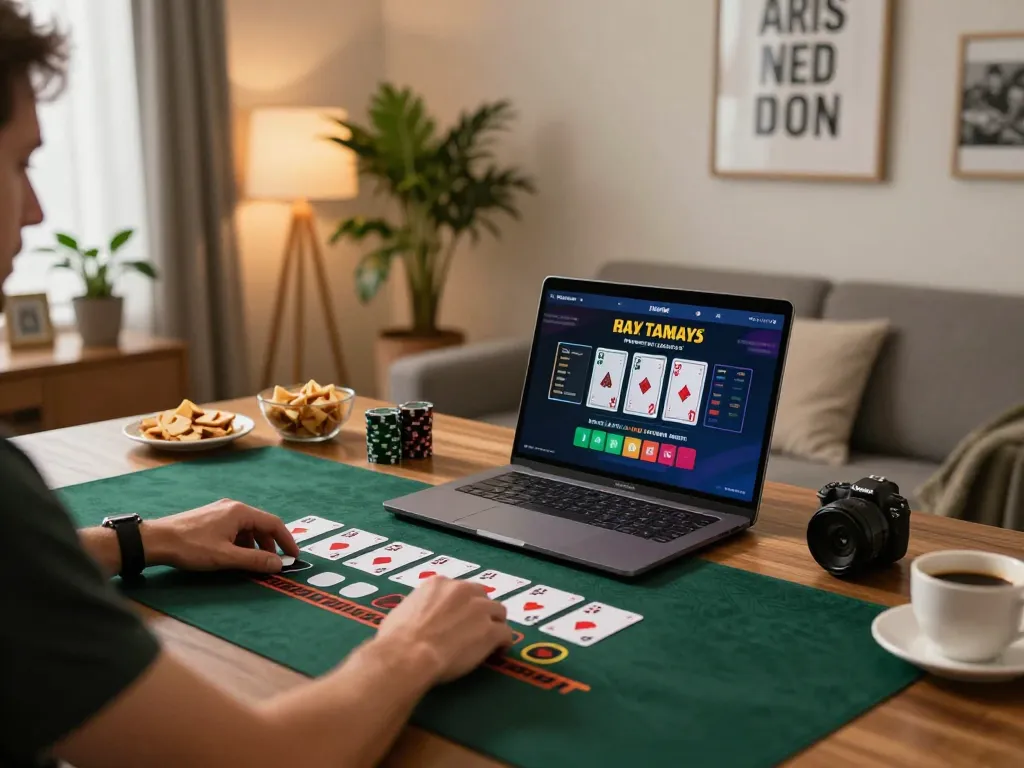 Player engaging in online blackjack at five88 gaming platform on laptop, cozy home atmosphere