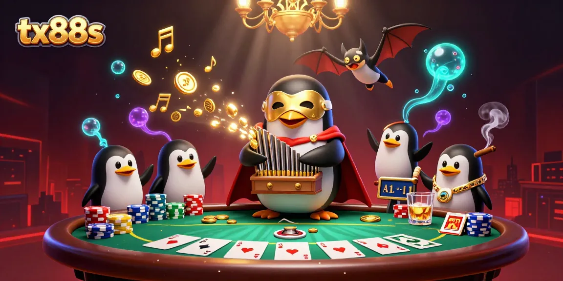 Experience gaming excitement with tx88s; a cartoon penguin plays the organ amidst poker chips and golden coins.