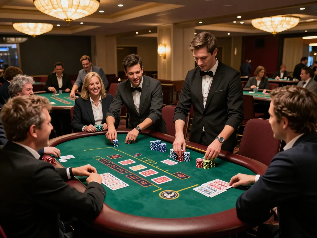 Players enjoying blackjack at a stylish casino, showcasing the engaging atmosphere of new88.