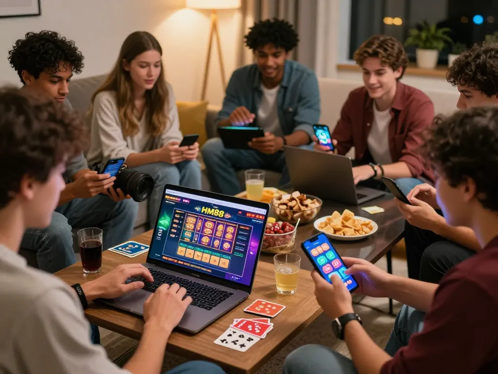 Group of friends enjoying HM88 online gambling games on modern devices in a vibrant living room.