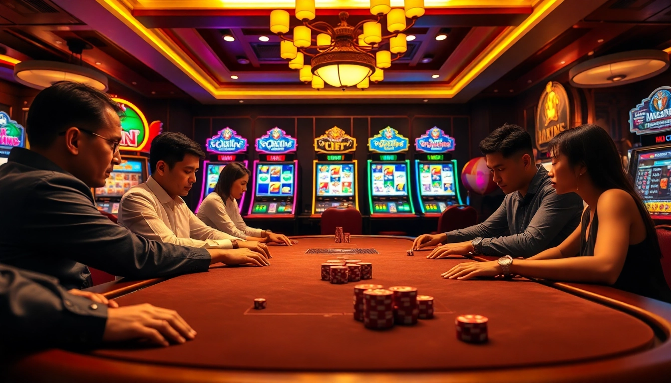 Engaging casino scene featuring players at a poker table representing 98win trang chu with excitement and strategy.