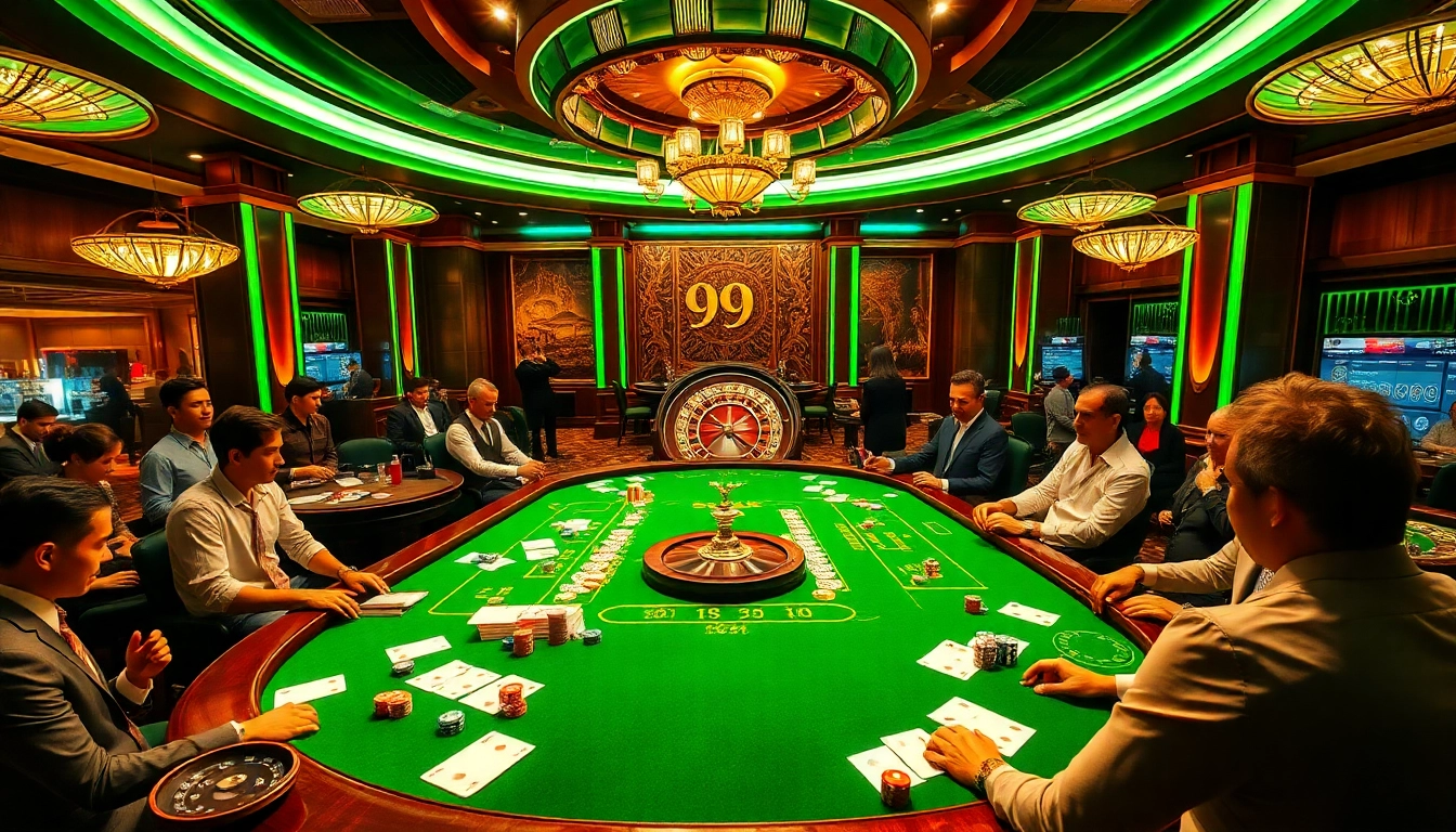 Players engaging at a poker table in a luxurious casino atmosphere, featuring 99 ok vibes.