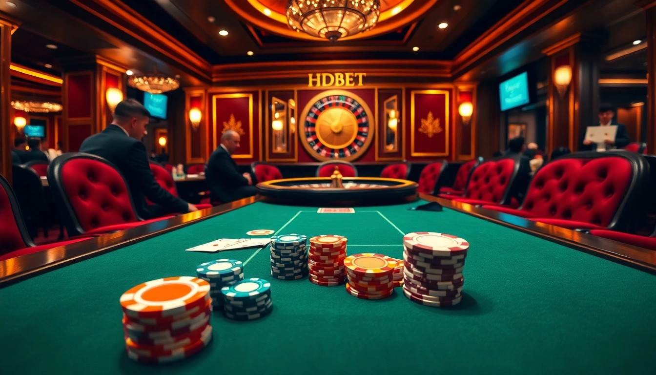 Experience high-stakes excitement with HDBET-themed casino chips and vibrant poker tables.