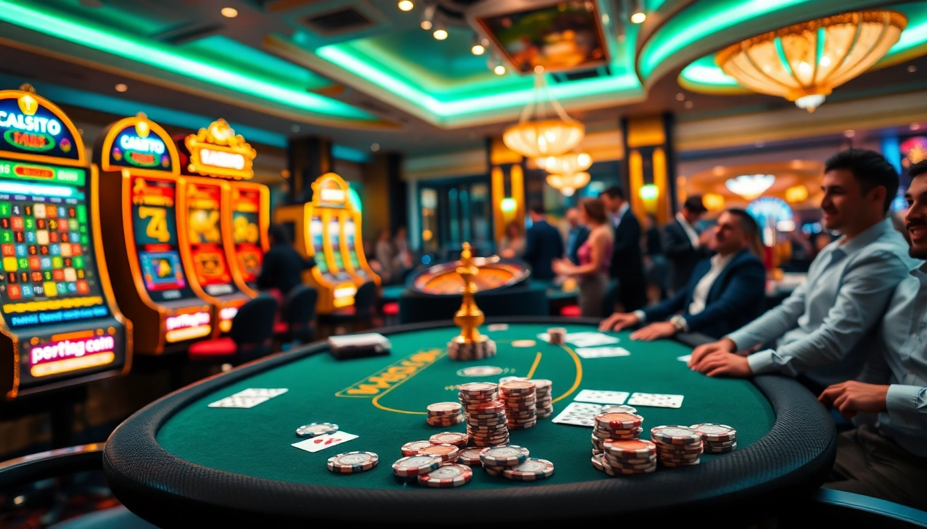 Winning at the poker table with https://ta88.la/ amidst a vibrant casino atmosphere and flashing slot machines.