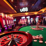 Exciting casino scene showcasing u88 slot machines and vibrant poker chips on tables.
