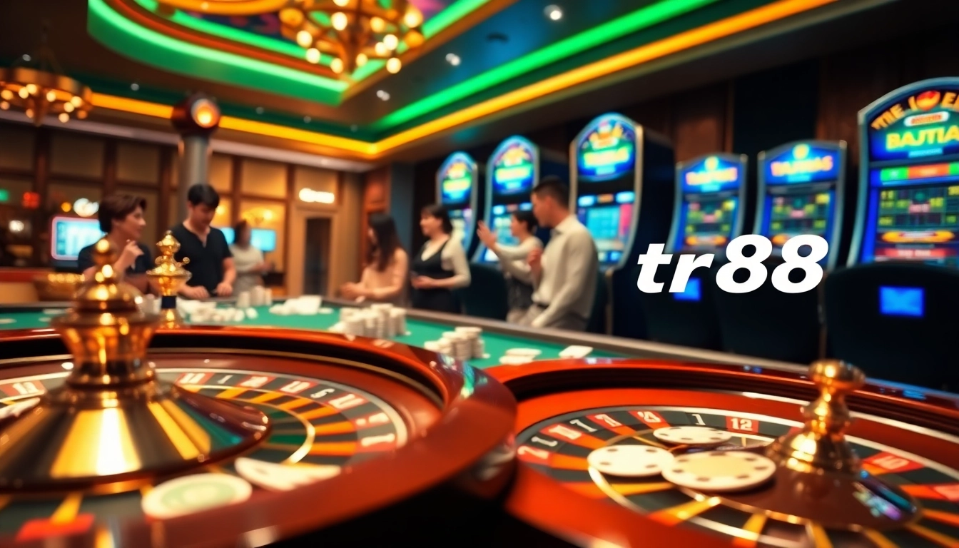 Experience the vibrant atmosphere of trang chủ tr88 with engaging casino activities featuring roulette wheels and poker chips.