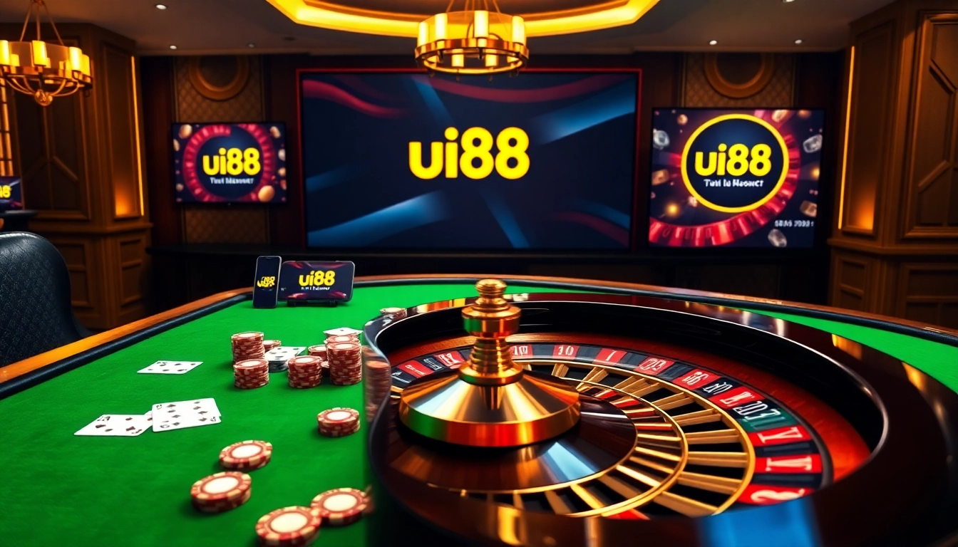 Experience excitement at uu88 with vibrant casino visuals showcasing gaming tables and online interfaces.