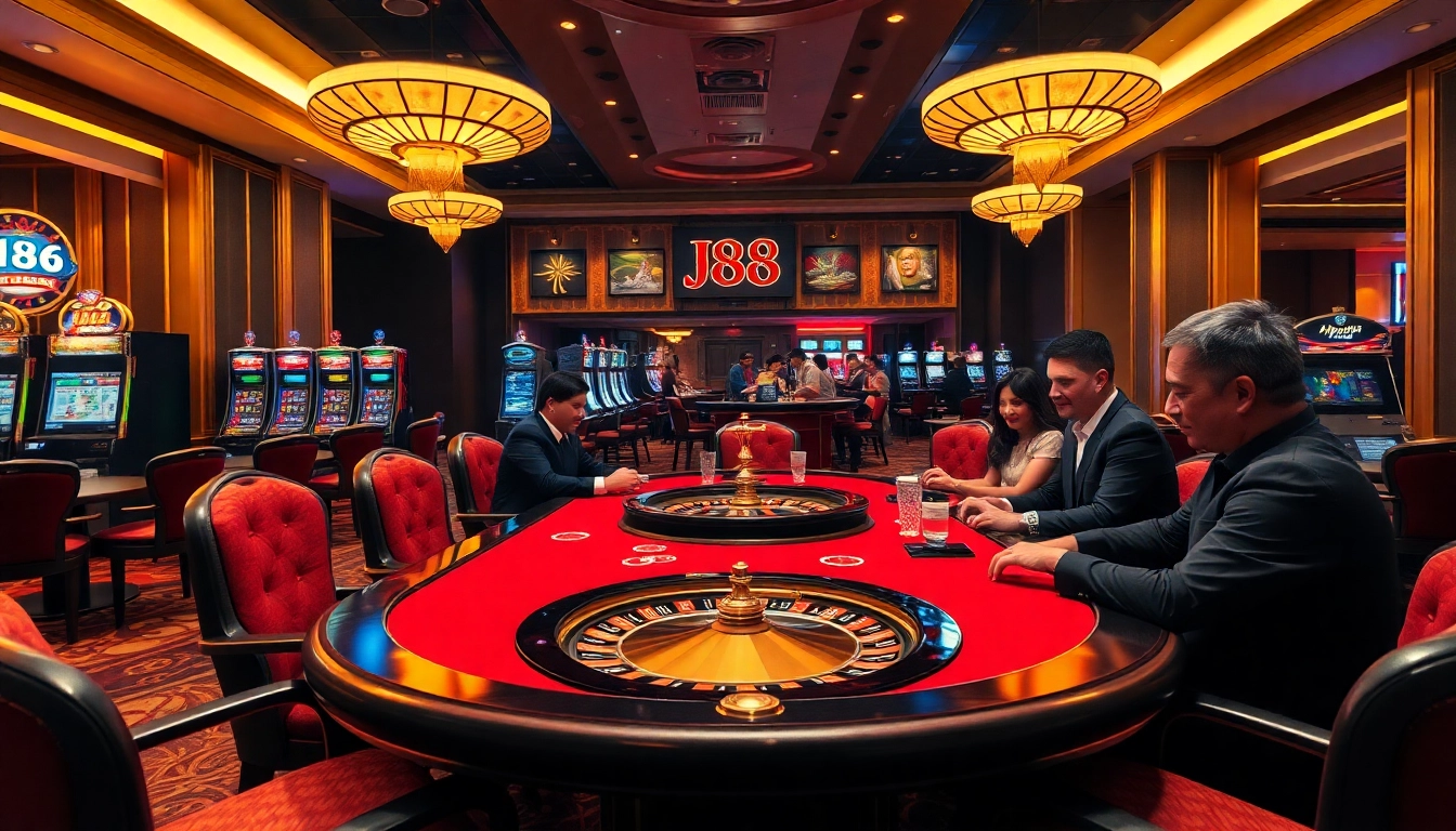 Players engaging in an exciting j88-themed casino game with vibrant decorations and luxurious ambiance.