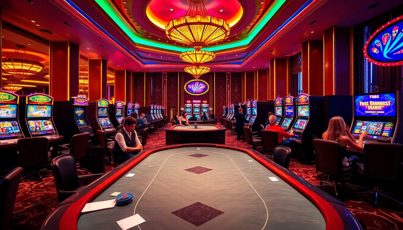 Players enjoying thrilling games at TK88 Casino with vibrant tables and slot machines.