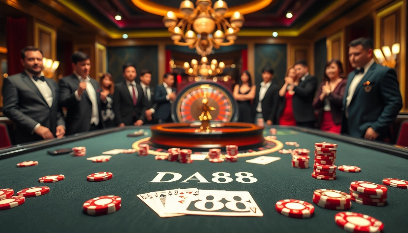 Experience the thrill at DA88's vibrant poker table filled with colorful chips and cards.
