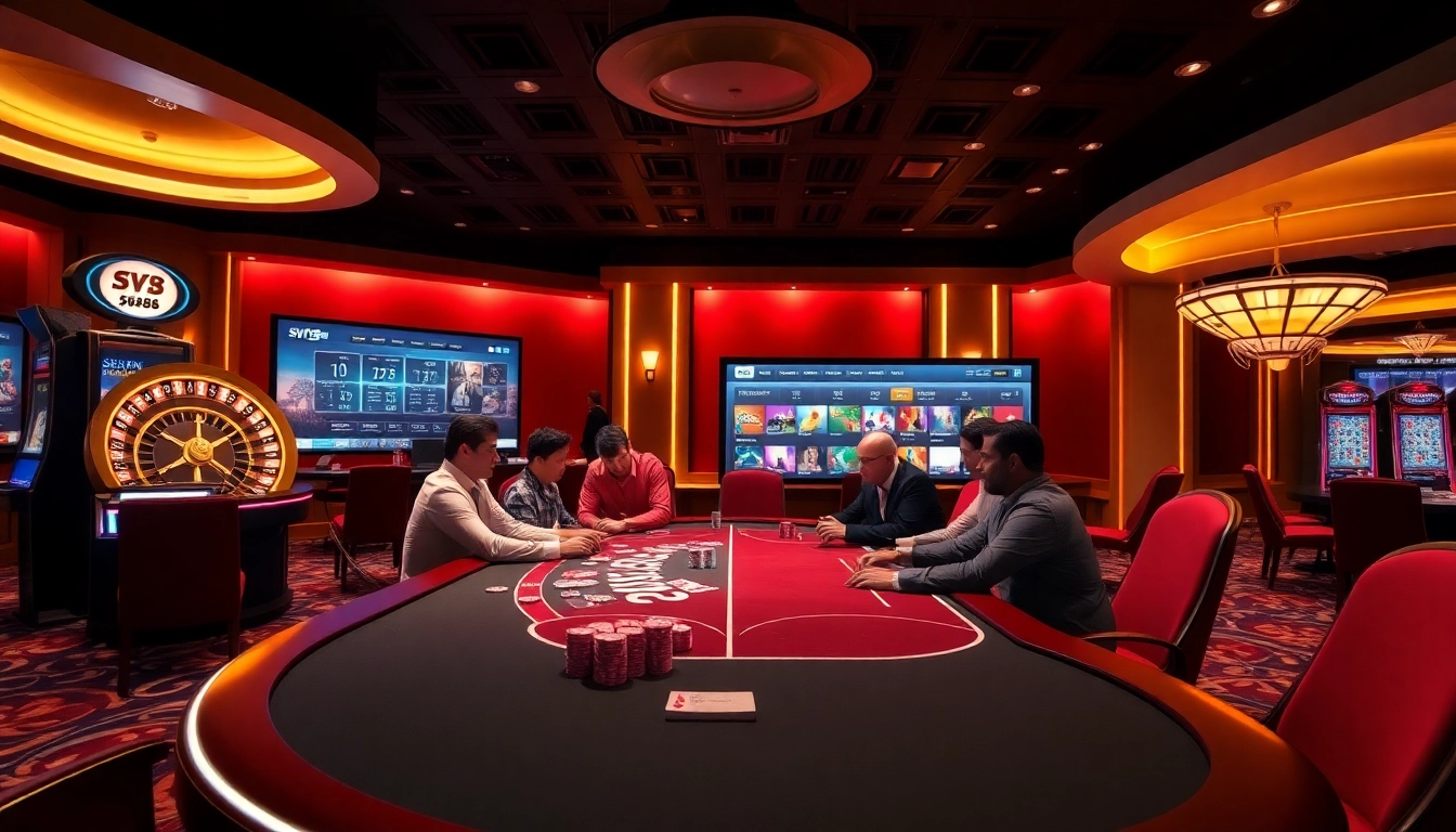Players strategizing at the poker table in an upscale casino environment, highlighting sv 88.