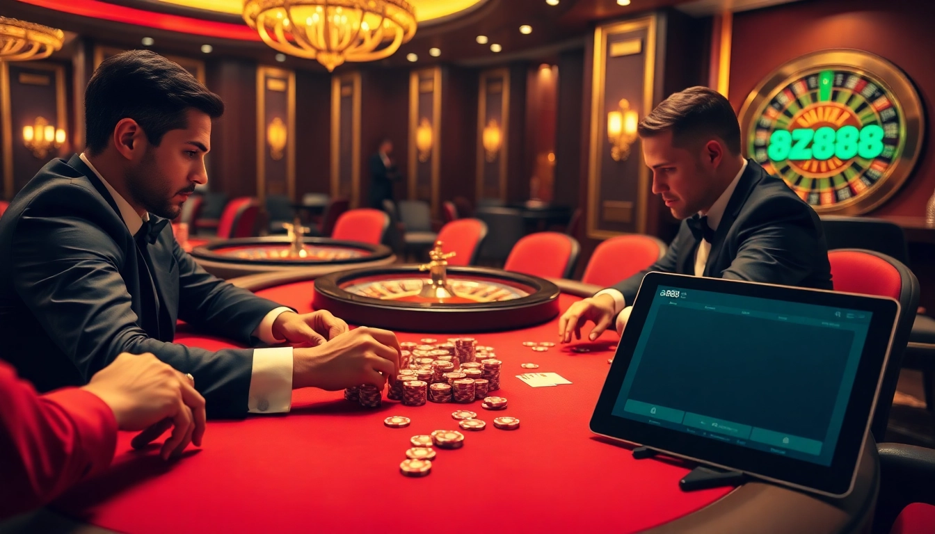 Engaging scene of players at an az 888 poker table, showcasing excitement and luxury in gambling.