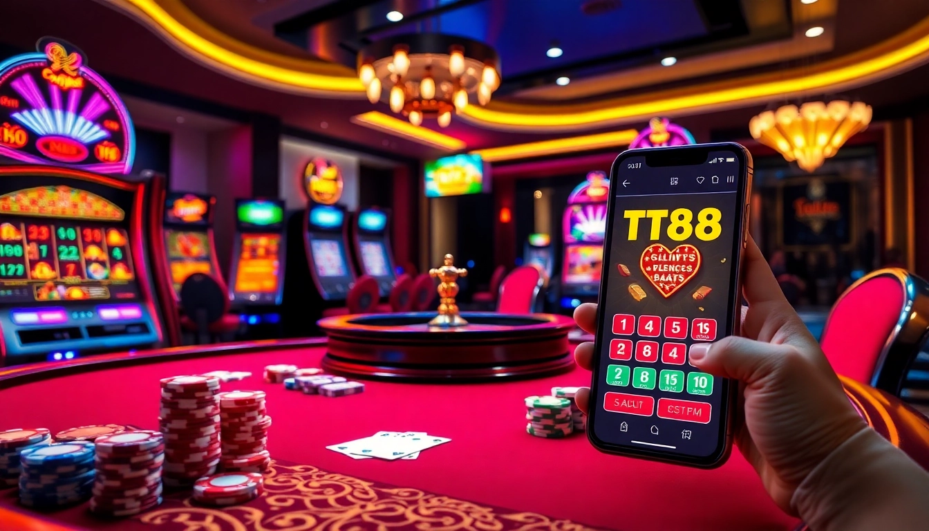 Experience the thrill of online gambling at TT88 with vibrant slot machines and casino tables.