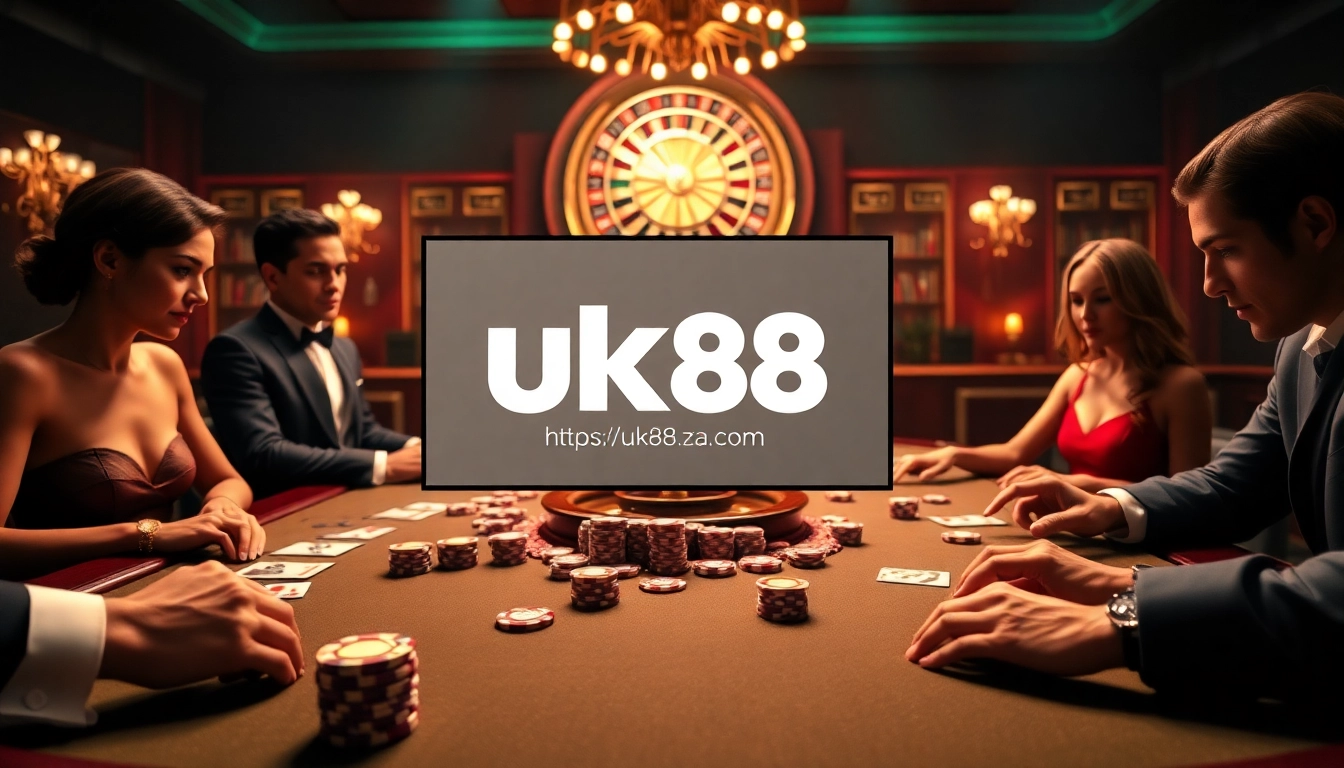 Experience thrilling games at https://uk88.za.com/ with vibrant poker chips and a roulette wheel.