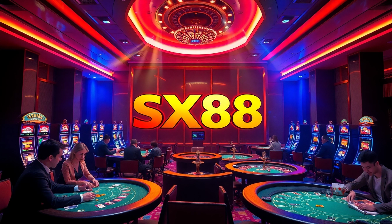 SX88 casino scene with players engaging at tables, showcasing excitement and luxury.