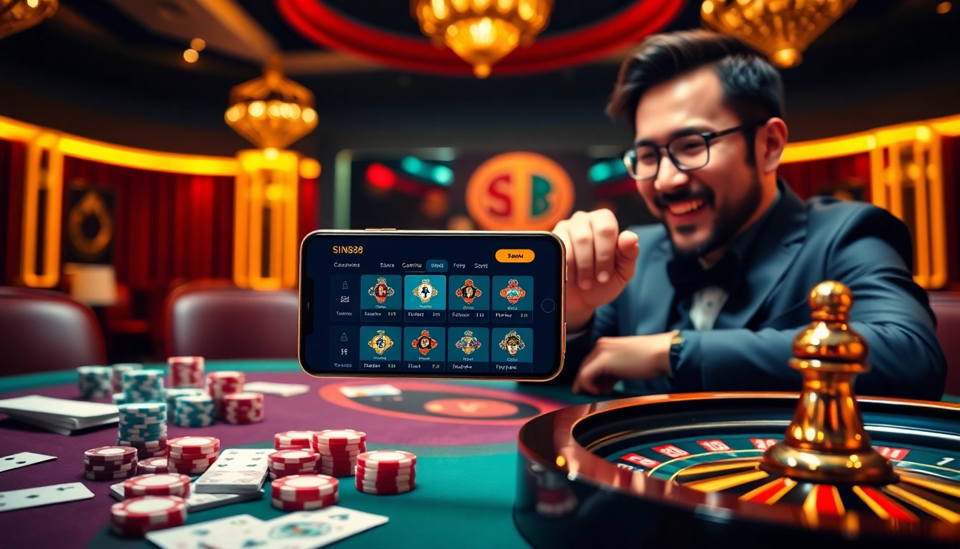 Engage in thrilling games at https://sin88.app/ with vibrant poker chips and a roulette wheel.