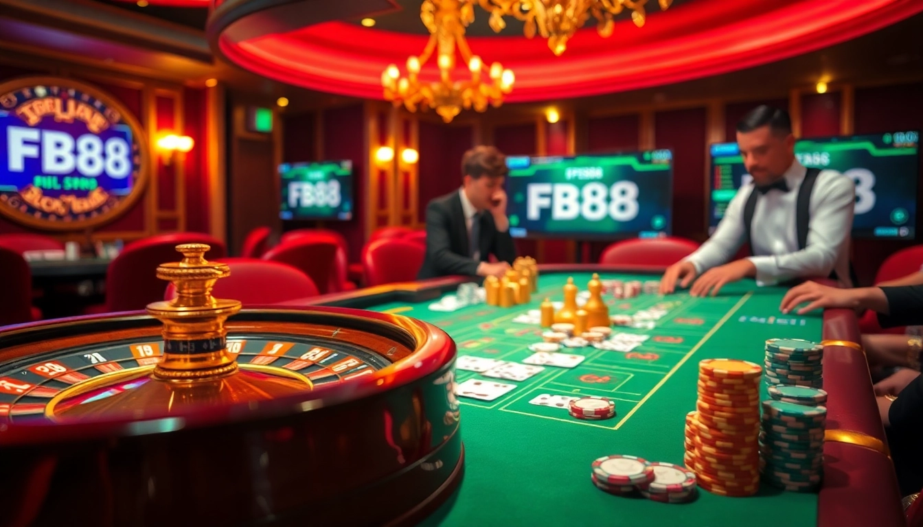 Experience the excitement of FB88 with casino tables, cards, and vibrant gaming interfaces.