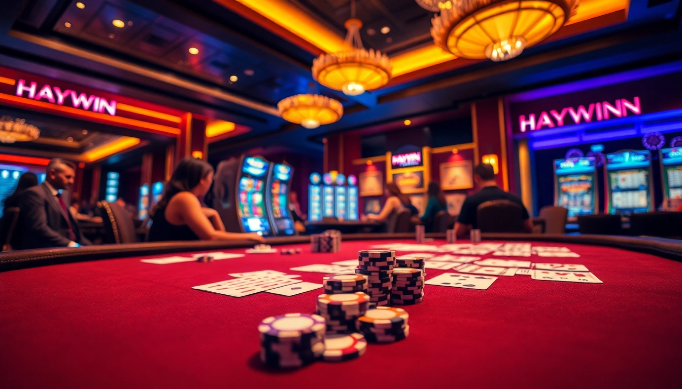 Players at a HAYWIN casino table engage in an exciting game with bright lights and vibrant poker chips.
