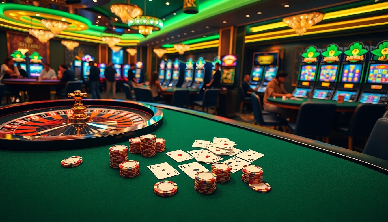 Gamblers celebrating their wins at a luxurious casino while playing win vn poker and roulette games.