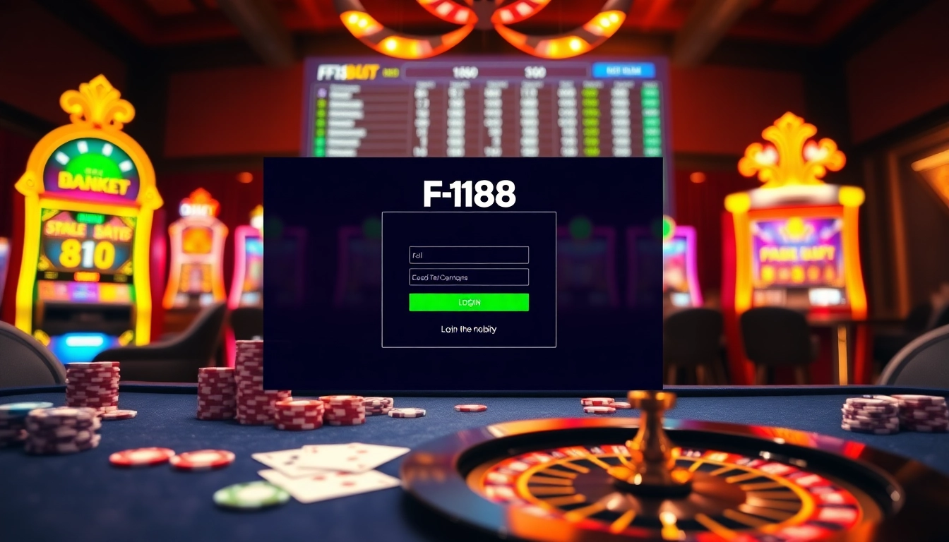 Illustration of F168 đăng nhập featuring a vibrant online casino scene with tables, cards, and immersive gaming elements.