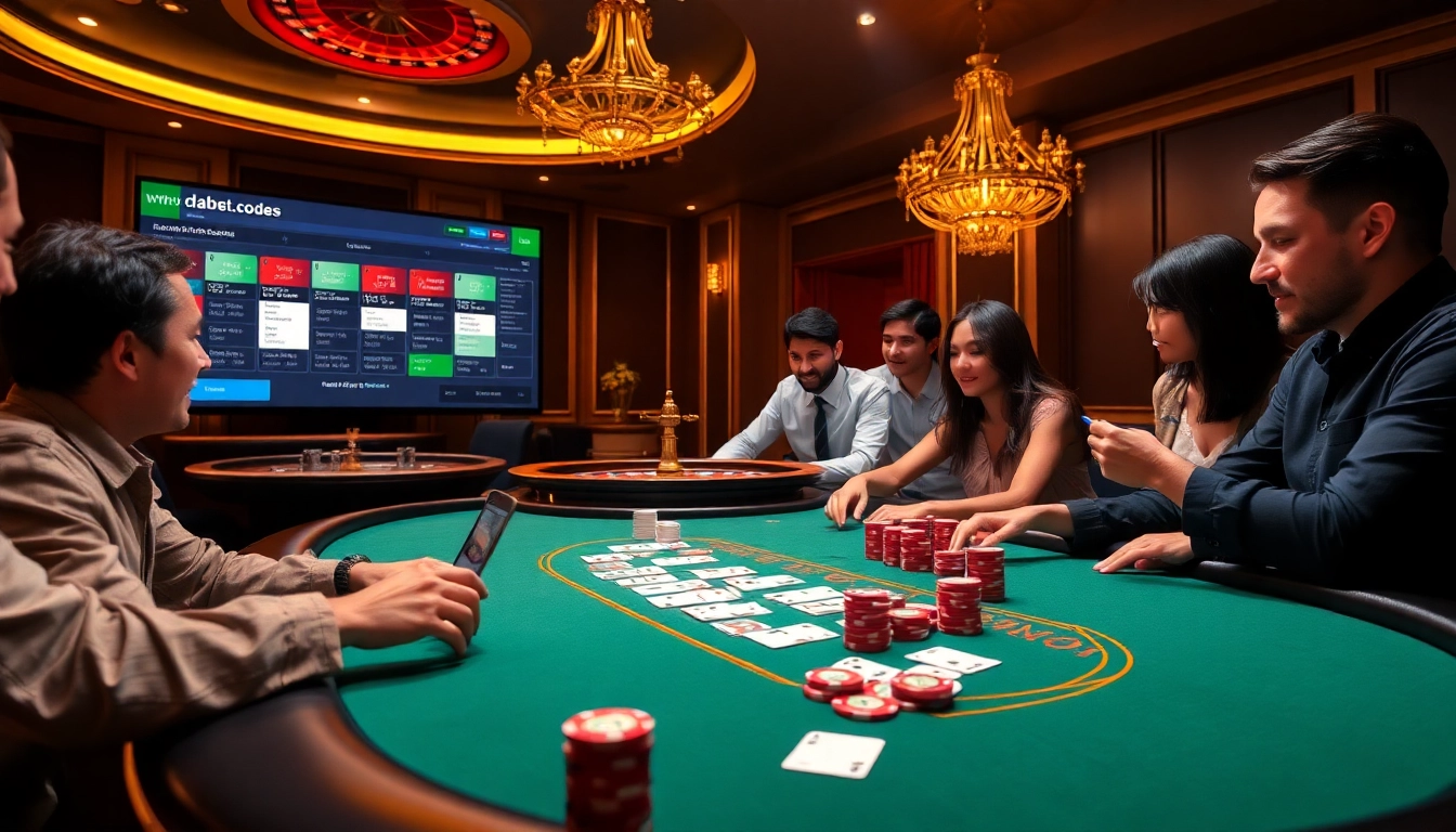 Players enjoying their time at the poker table while checking out https://dabet.codes/ for exciting online gambling experiences.