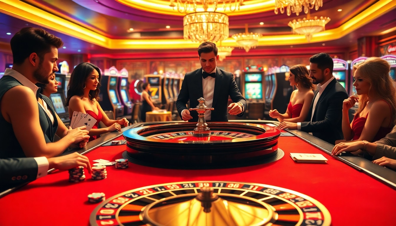 Players enjoying a thrilling game at a luxurious casino roulette table featuring MV66 elements.