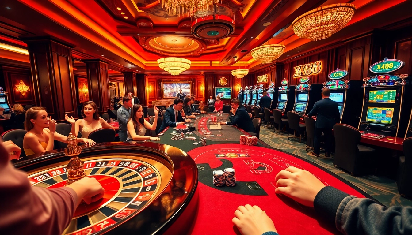 Players enjoying the excitement of gambling at XX88 casino tables with vibrant decor.