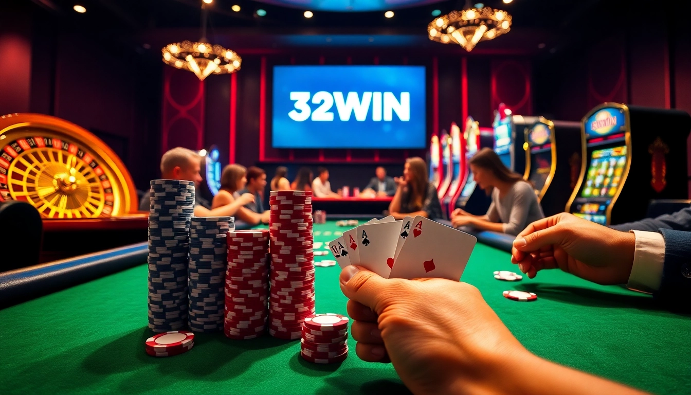 Experience the thrill of winning at 32WIN's exciting casino games with luxury poker tables and vibrant slots.