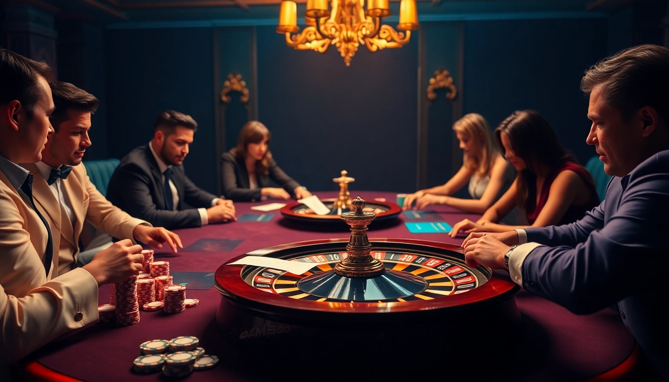 BEM88 gaming excitement at a luxury poker table with colorful chips and a roulette wheel.