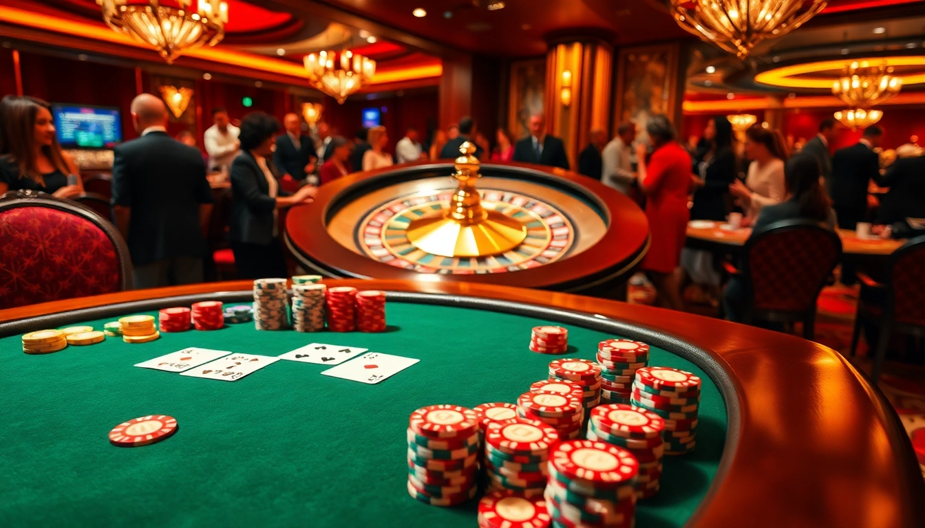 Experience the thrill of gambling at uu88 with vibrant poker tables and a spinning roulette wheel.