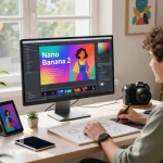 A user engaging with the nano banana 2 AI image editor, showcasing vibrant creativity in a modern workspace.