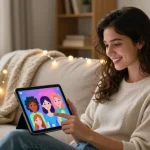 AI girlfriend engagement scene with a woman interacting with her virtual companion on a tablet.